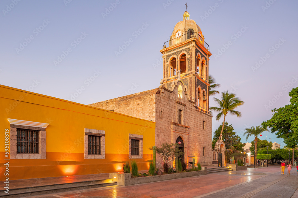 Loreto, Baja California Sur, Mexico. Bell tower on the Loreto Mission church at sunset.