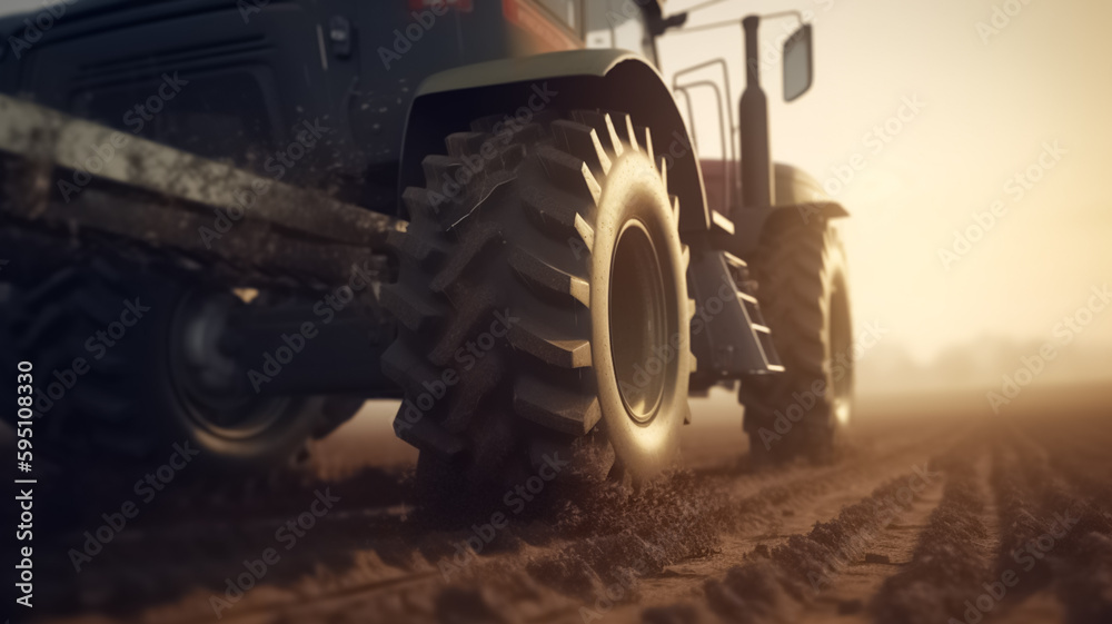 Tractor cultivating field at spring. Agricultural vehicle works at sunset in countryside. generative ai Tractor cultivating field at spring. Agricultural vehicle works at sunset in countryside. generative ai