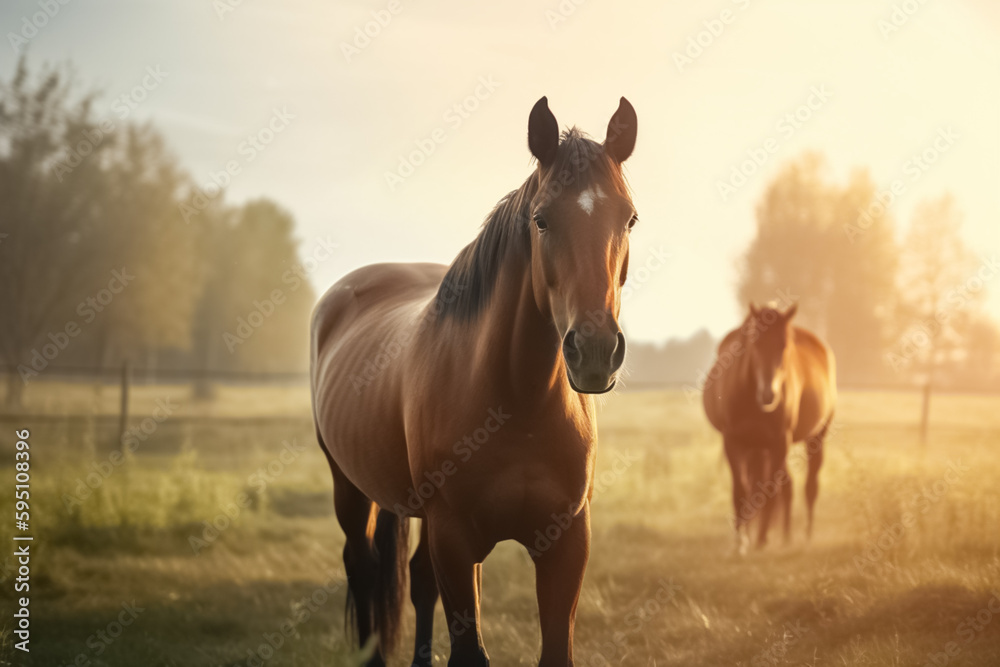 Thoroughbred horses walking on a meadow. Horses grazing in pasture. Thoroughbred horses walking on a meadow. Horses grazing in pasture.