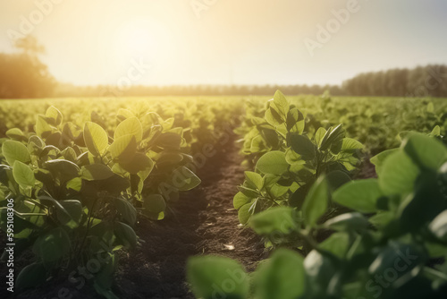 Soybean fields rows in summer season. Green ripening soybean field, agricultural landscape. photo