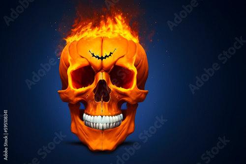 Orange burning skull with white teeth on a dark blue background. Halloween holiday. Generative AI
