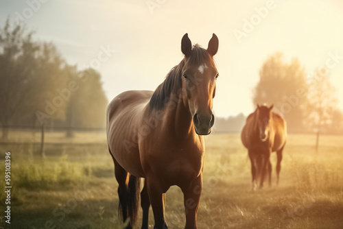 Thoroughbred horses walking on a meadow. Horses grazing in pasture.  © BlazingDesigns