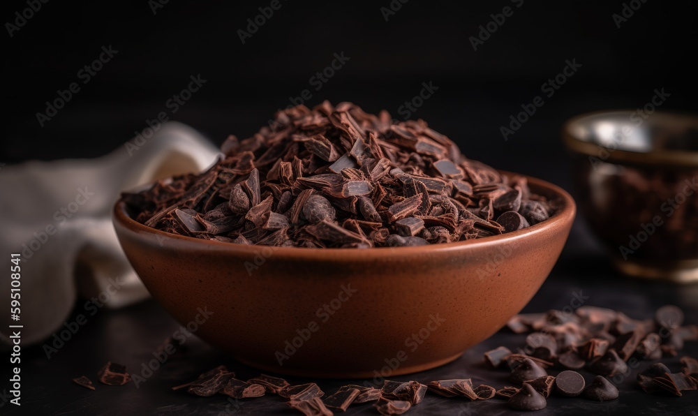 a brown bowl filled with chocolate chips next to a white cloth. generative ai a brown bowl filled with chocolate chips next to a white cloth. generative ai