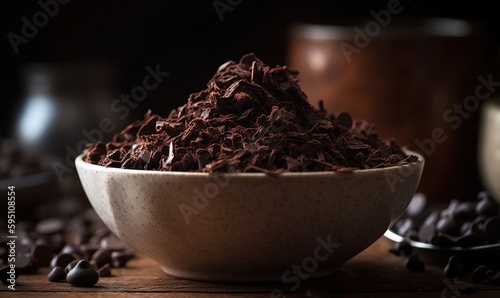  a bowl of chocolate chips on a wooden table with coffee beans.  generative ai