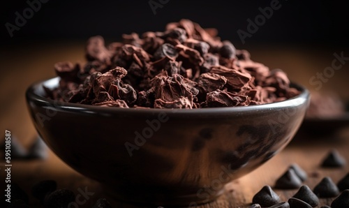  a bowl of chocolate chips on a wooden table with scattered chocolate chips.  generative ai