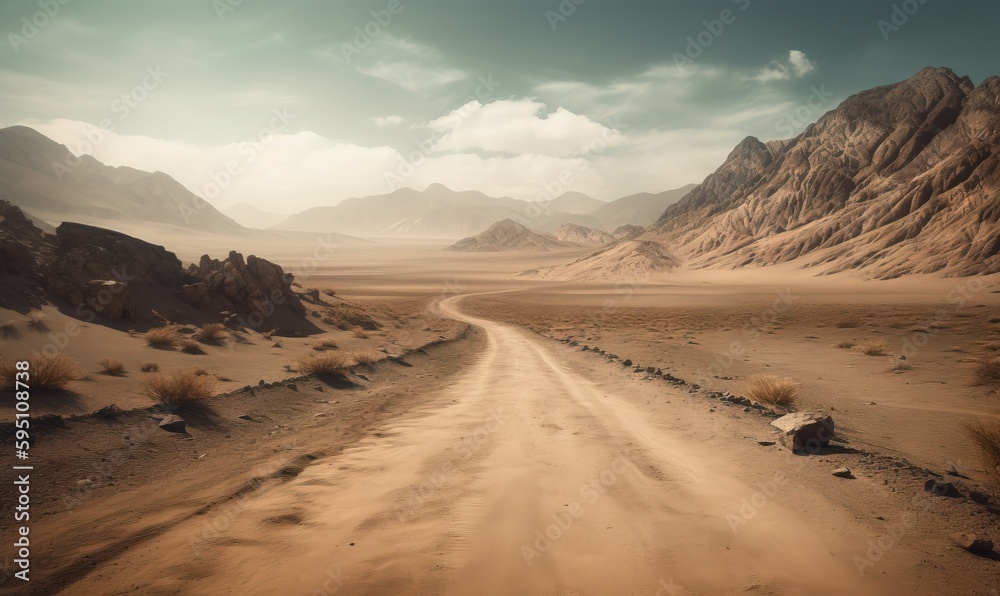  a dirt road in the middle of a desert with mountains in the background.  generative ai