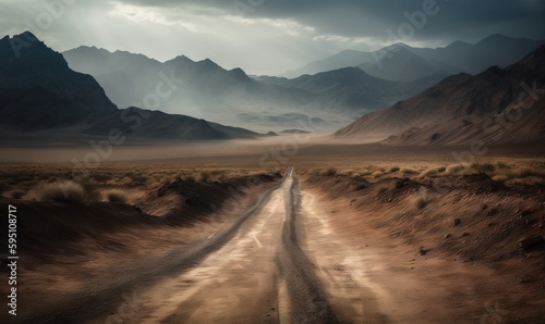  a dirt road in the middle of a desert with mountains in the background. generative ai
