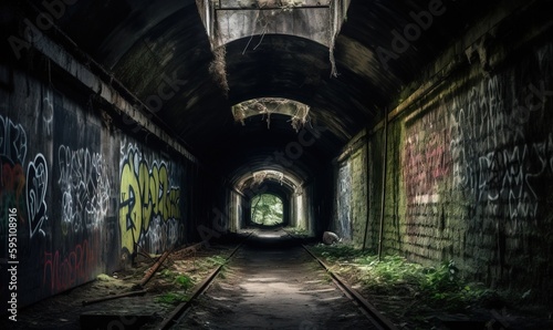 a dark tunnel with graffiti on the walls and a light at the end.  generative ai © Anna