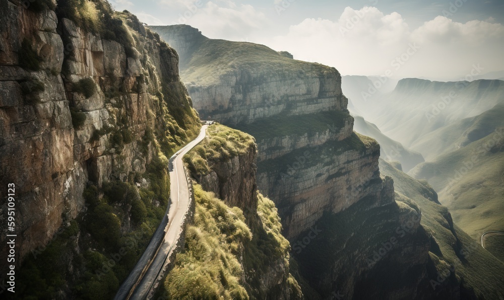 Obraz premium a long road going up a mountain side in the mountains. generative ai