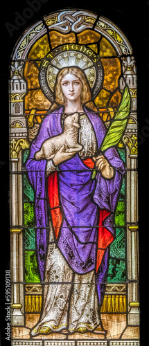 Saint Agnes stained glass, Phoenix, Arizona. Saint Agnes, Roman martyr died as young girl for faith. Church rebuilt stained glass 1915