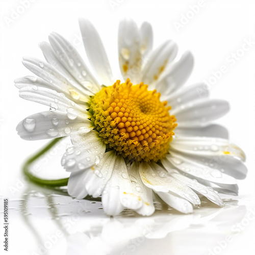 A white daisy with a yellow center and water droplets on it. Generative AI