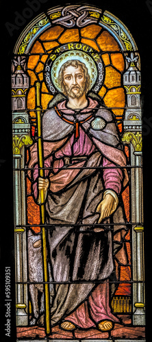 Saint Roche Rock stained glass, Phoenix, Arizona. Saint Roche Rock, healed from Black Plague died 1378. Stained glass from 1915