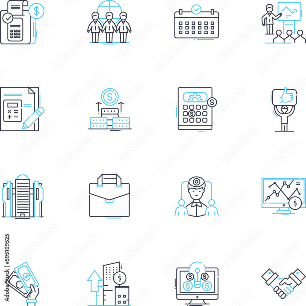 Economic unit linear icons set. Profitability, Efficiency, Sustainability, Productivity, Revenue, Growth, Investment line vector and concept signs. Capital,Income,Competition outline illustrations