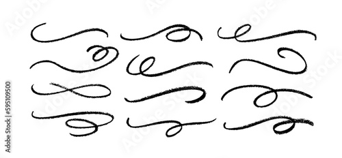 Ornament divider vector collection. Hand drawn swashes and flourishes. Ornate swirl swashes, decorative flourish dividers. Charcoal or pencil drawn wavy lines, swirls. Black paint curved strokes.