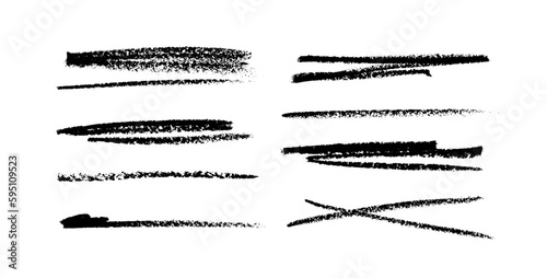 Grunge strikethrough and underline elements. Set of hand drawn pencil lines and strokes. Doodle vector graphic elements. Typography black ink brush lines. Crosses horizontal strokes.