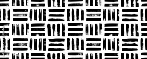 Geometric weave seamless pattern. Hand drawn seamless banner with straight brush strokes. Grunge vector abstract ornament. Repeating geometric irregular black and white woven lines. Basket texture. © Анастасия Гевко