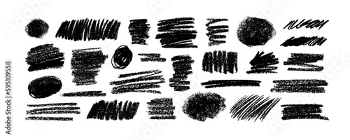 Charcoal pencil scribbles and bold strokes collection. Hand drawn vector lines, circles and thick shapes. Scribble black strokes vector set. Marker, crayon and chalk drawing. Sketch texture.