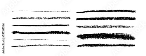 Charcoal pencil straight horizontal lines. Scribble black strokes vector set. Charcoal texture lines isolated on white background. Grunge smears, thin and thick chalk strokes, pencil dividers.