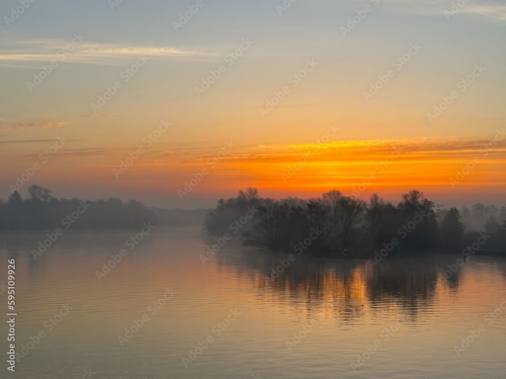 fog and dawn over the river in the early morning