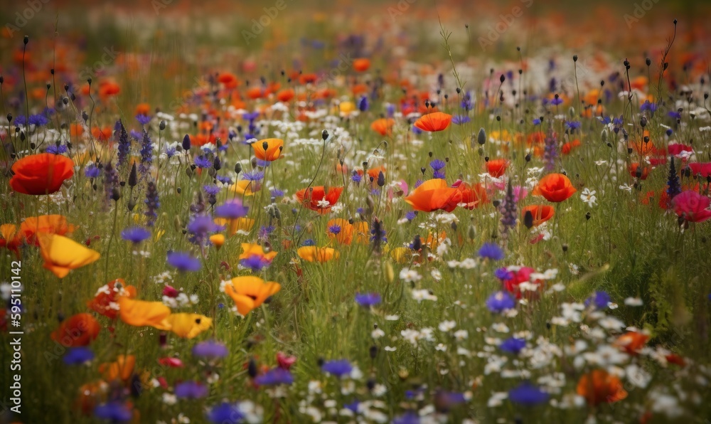  a field full of colorful flowers with a lot of grass.  generative ai
