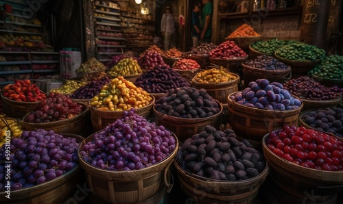  baskets full of different types of vegetables in a market place. generative ai