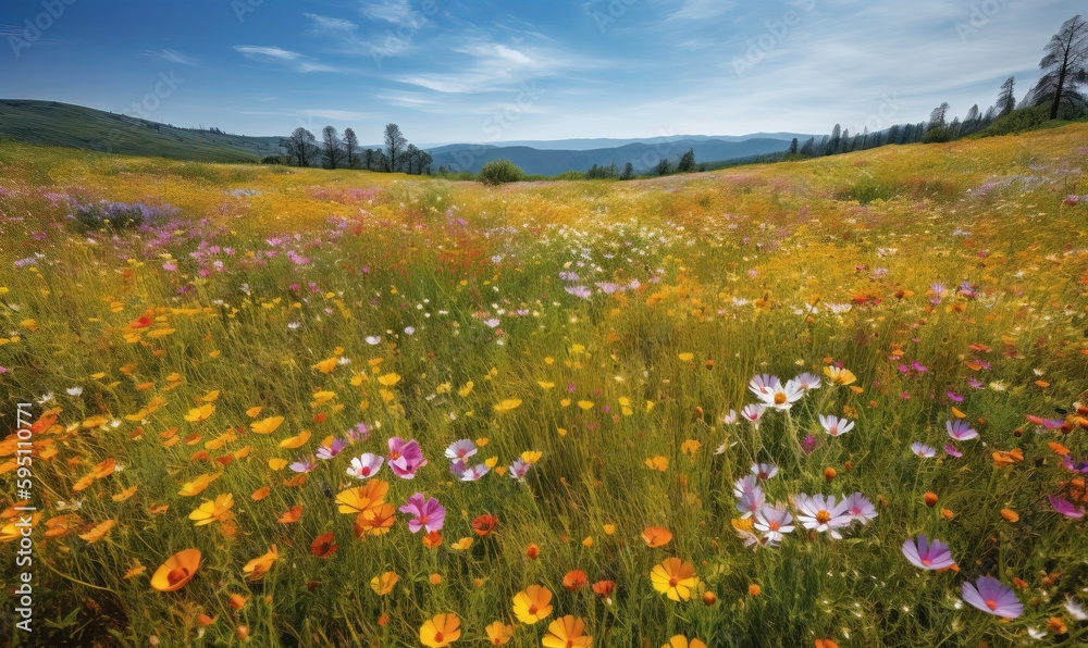 Fototapeta premium a field of wildflowers with mountains in the background. generative ai