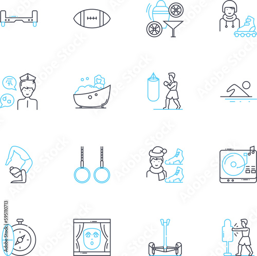 Fun fair linear icons set. Carousel, Ferris wheel, Rollercoaster, Funhouse, Bumper cars, Candy-floss, Popcorn line vector and concept signs. Games,Arcade,Thrillrides outline illustrations