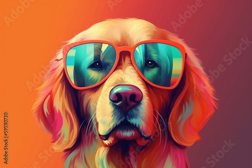 Cute Golden Retriever wearing Sunglasses, Colorful Yellow Background, AI-Generated Image