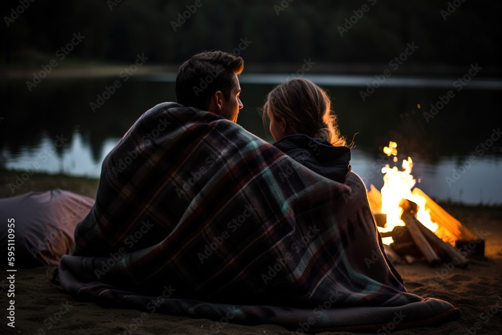 A romantic couple covered with a blanket is sitting in front of campfire in the forest. Generative ai