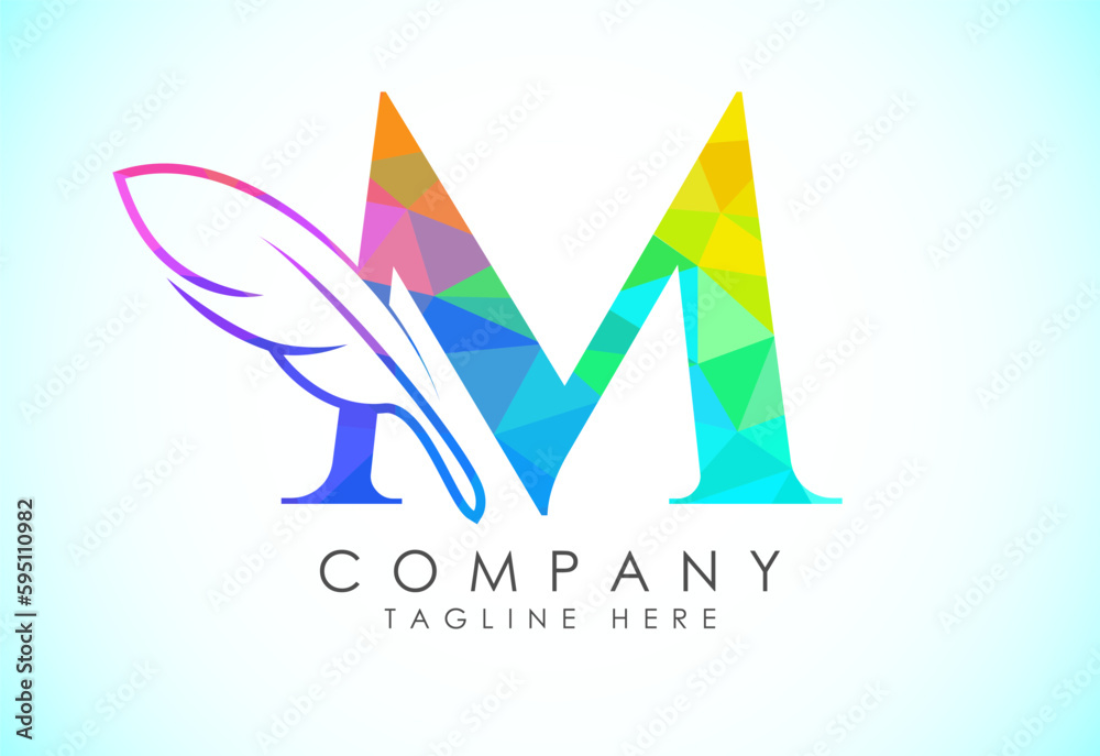 Polygonal initial M alphabet with a feather. Law firm icon sign symbol. Logo for a writer or publishers Polygonal initial M alphabet with a feather. Law firm icon sign symbol. Logo for a writer or publishers