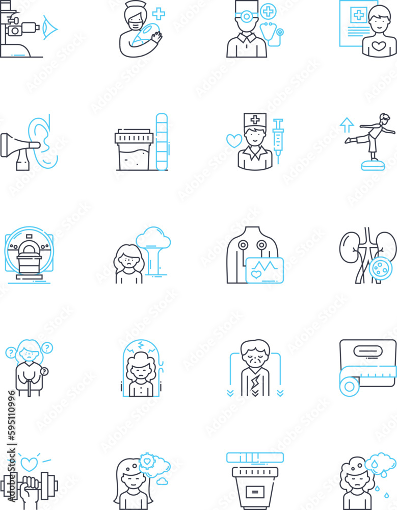 Health supervision linear icons set. Checkups, Prevention, Screening, Diagnosis, Management, Observance, Compliance line vector and concept signs. Follow-up,Monitoring,Assessment outline illustrations