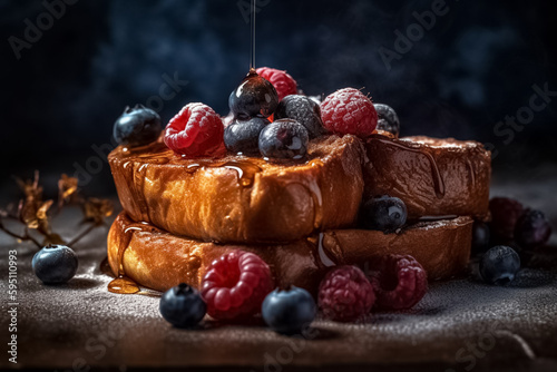 Delicious French toast with fresh fruit and maple syrup. Delicious breakfast or dessert with toast, strawberries, raspberries, blueberries and powdered sugar. generative ai