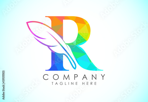 Polygonal initial R alphabet with a feather. Law firm icon sign symbol. Logo for a writer or publishers
