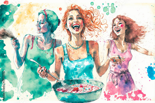 Illustration of a group of young women in bikinis and aprons, cooking together in a kitchen. The image suggests a sense of self-expression and empowerment. Generative AI