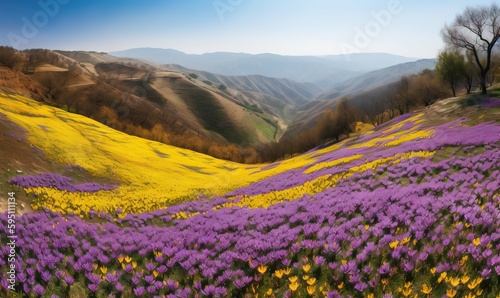  a field of purple flowers with mountains in the background and a blue sky.  generative ai