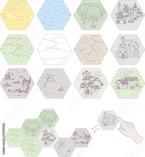 Hexagons pieces set for classic rpg game