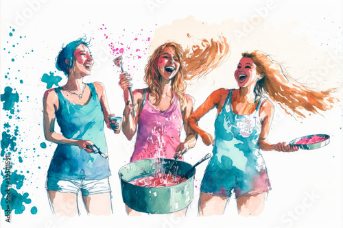 A group of young women friends are having fun in the kitchen, wearing bikinis and aprons. The image expresses a sense of freedom and empowerment. Generative AI