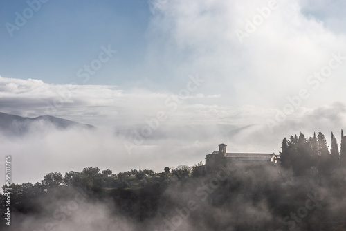 Mist and fog between valley and layers of mountains and hills in Umbria Italy