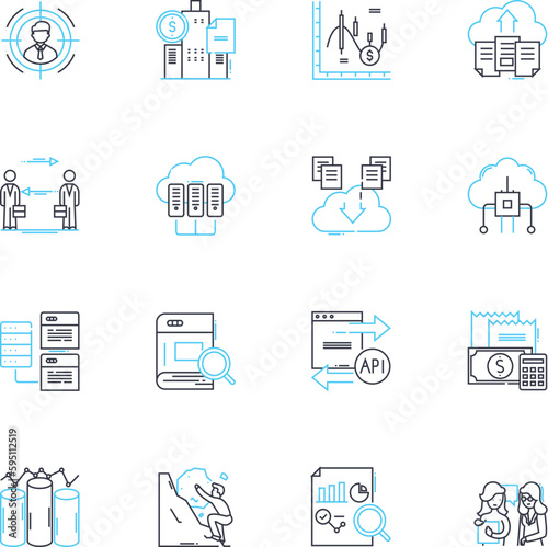 Fiscal figures linear icons set. Budget, Revenue, Expenditure, Deficit, Surplus, Income, Taxes line vector and concept signs. Earnings,Gross,Net outline illustrations