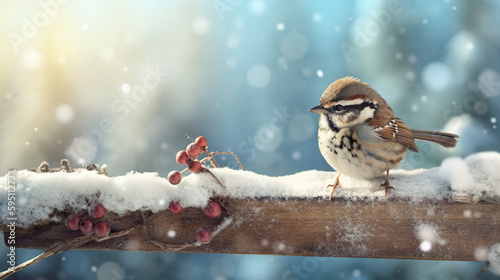 Sparrow perched on an old wooden trunk in a snow-covered forest, illuminated by the winter sun. AI generative.