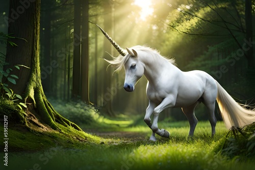 mythical unicorn on a forest