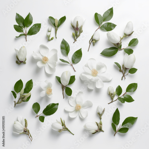 Manolia blossoms and twigs isolated on a white background. Top view, flat lay. © OliverLeon