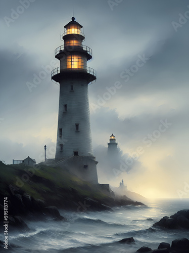 Cartoon style painting of Lighthouse. Concept. AI generated illustration © vector_master