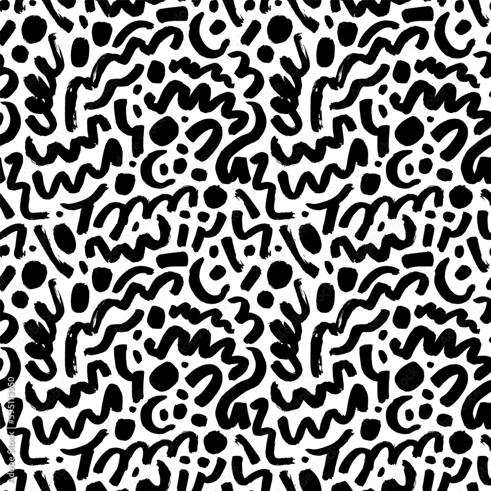 Line doodle seamless pattern with blobs. Hand drawn curved brush strokes and dots. Creative abstract style art background. Expressive seamless vector pattern. Messy doodles, bold curvy lines.