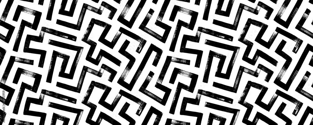 Abstract maze geometric seamless pattern. Hand drawn labyrinth vector background. Square grunge brush strokes. Maze lines pattern. Black and white tech texture. Geometric motives in retro style. 