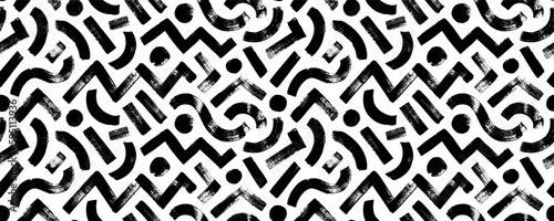 Hand drawn seamless pattern with geometric lines. Brush drawn bold stripes, dots and curved lines. Vector repeating geometric texture. Zigzag stripes. Brush scribbles decorative texture.