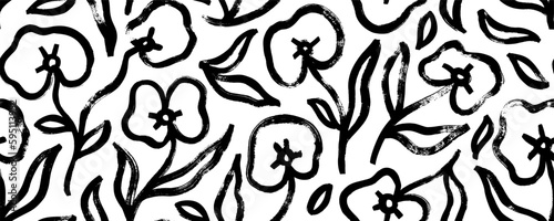Naive style flowers seamless pattern. Brush drawn botanical silhouettes. Brush black loose leaves and flowers vector seamless ornament. Trendy botanical elements  abstract blossoms. 