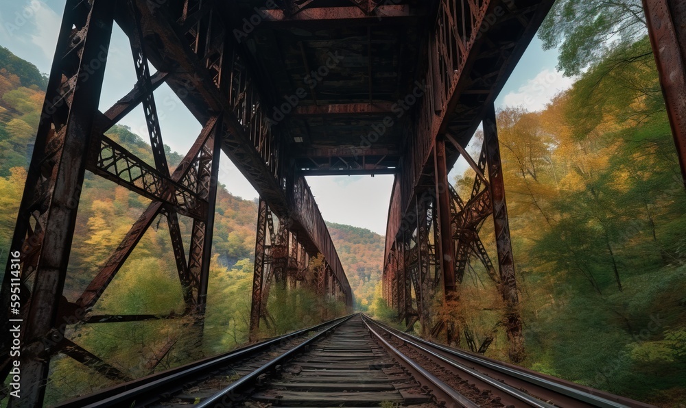  a train track going under a bridge with trees in the background.  generative ai