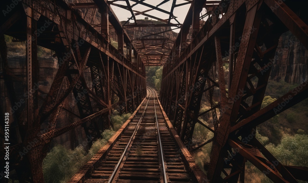  a train track going across a bridge over a river or river.  generative ai