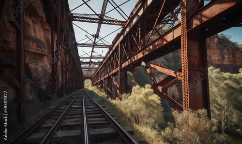  a painting of a train track going under an old bridge. generative ai © Anna